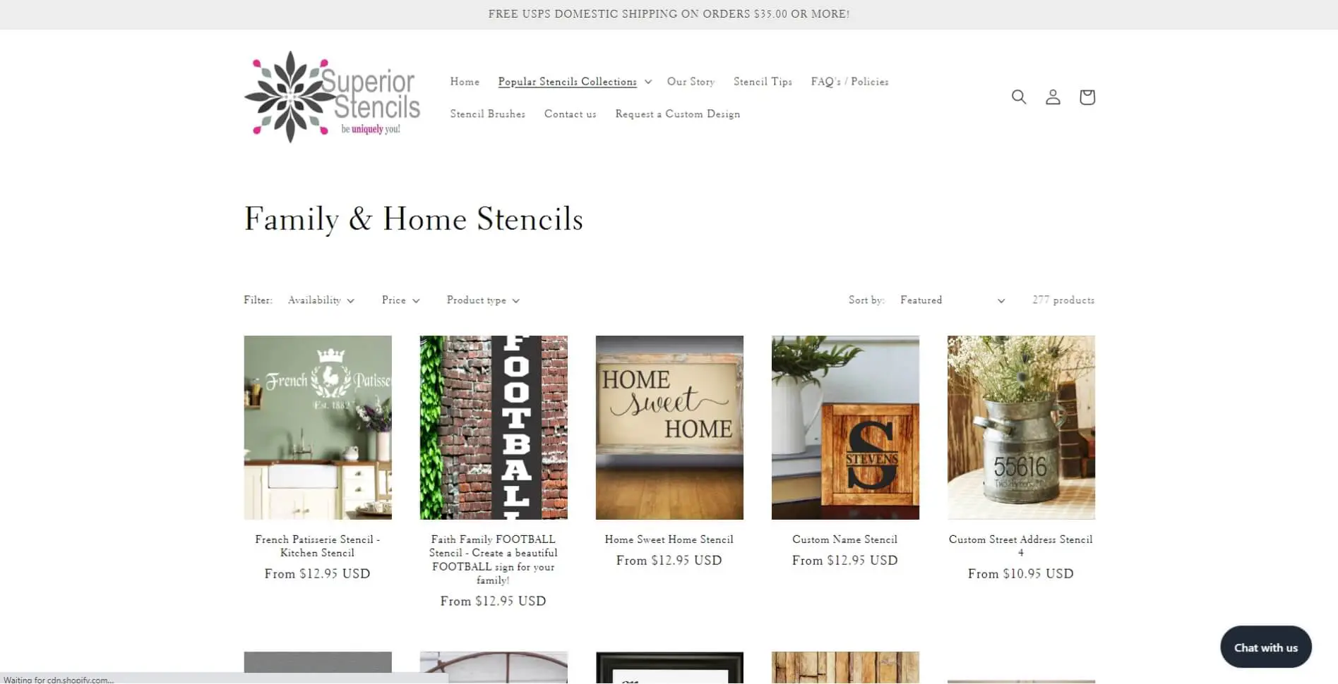 Superior Stencils Screenshot 1 Screenshot of the Superior Stencils website’s “Family & Home Stencils” page, featuring a banner, navigation menu, and a row of Superior Stencils product images with prices and descriptions.