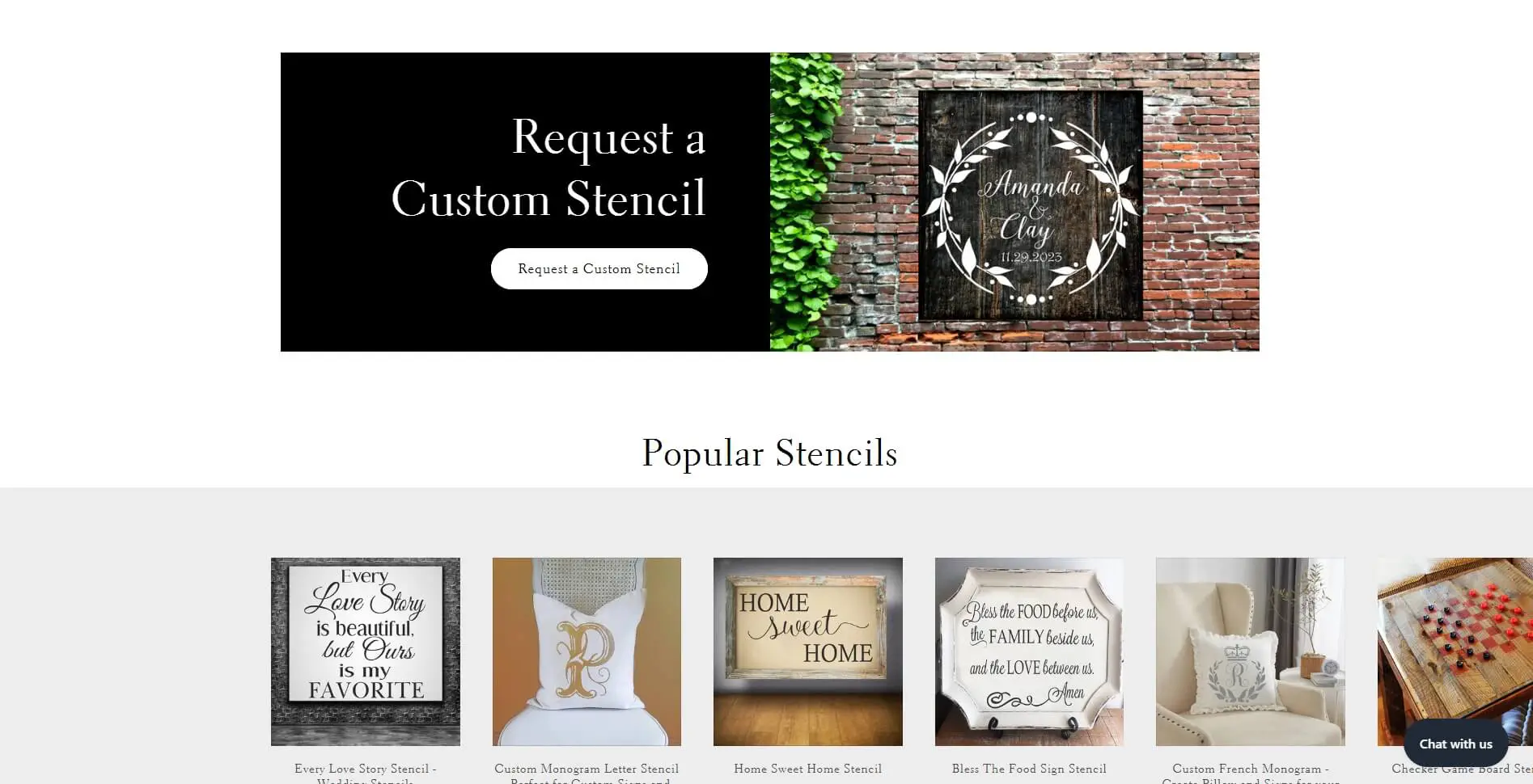 Superior Stencils Screenshot 2 Screenshot of a website featuring a Request a Custom Stencil banner and image at the top, followed by a “Popular Stencils” section displaying various Superior Stencils decorative designs on signs and pillows in a row.