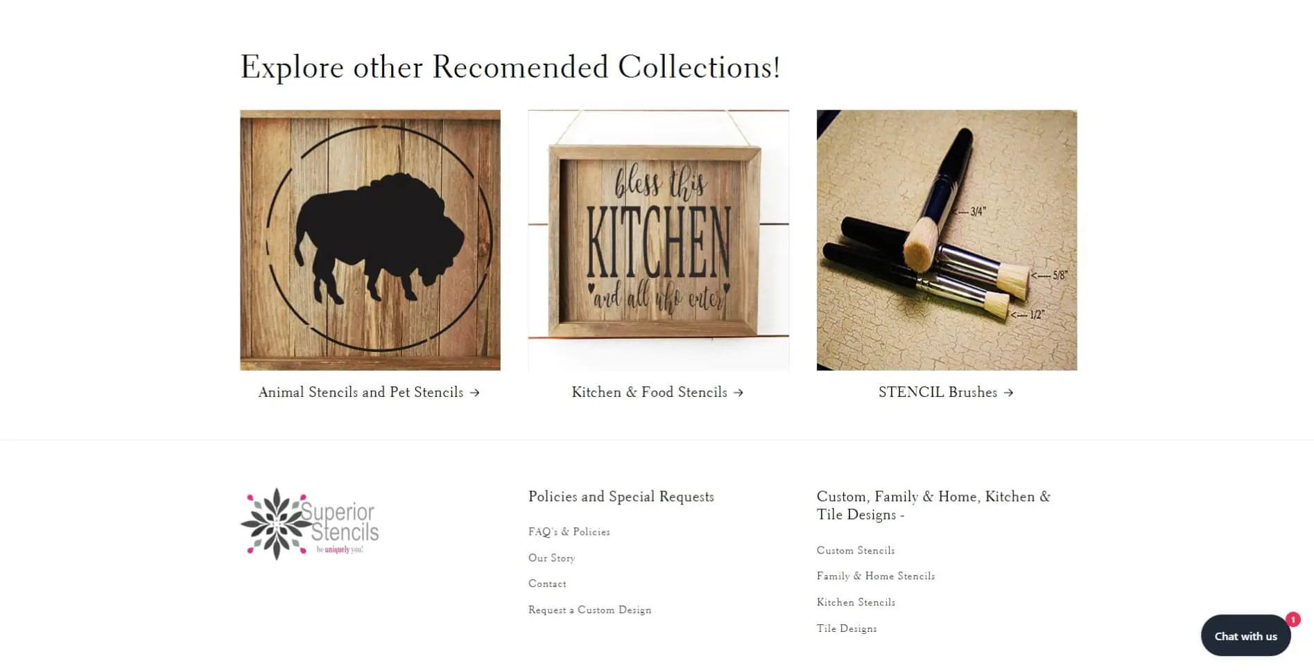Superior Stencils Screenshot 3 Three product images are displayed side by side: a round animal stencil from Superior Stencils featuring a buffalo, a framed kitchen sign that reads Bless this Kitchen and all who enter, and a set of five paintbrushes on a beige background.