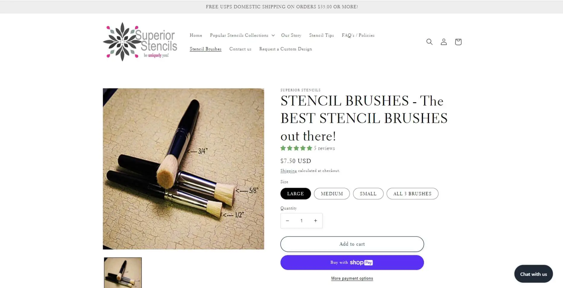 Superior Stencils Screenshot 4 Screenshot of a product page for Superior Stencils showing four black-handled stencil brushes in various sizes on a beige surface. Product details and price from Superior Stencils are visible on the right.