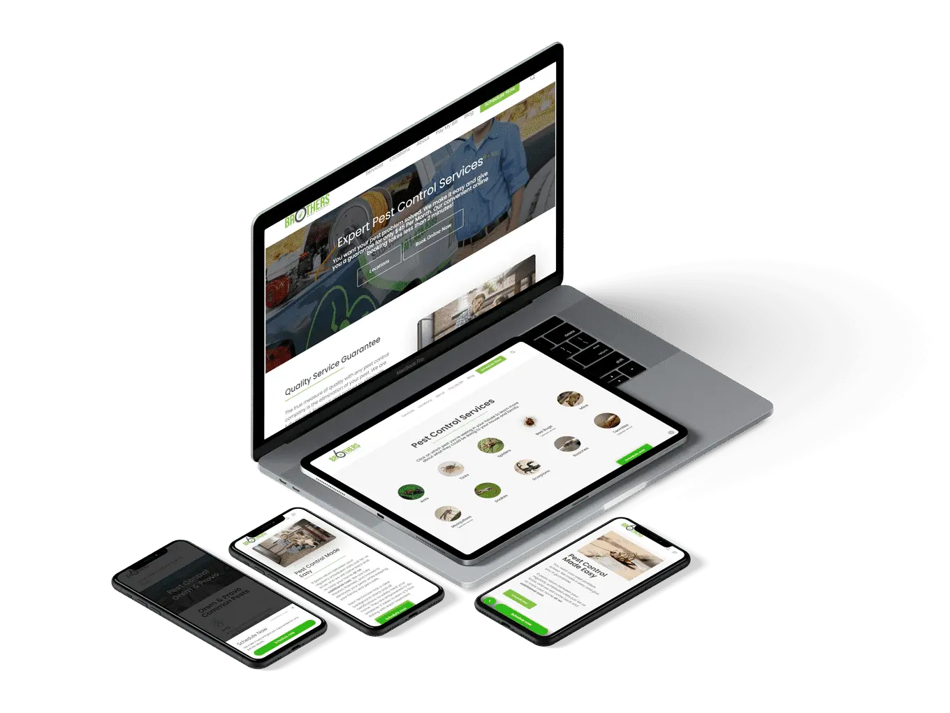 A laptop, tablet, and two smartphones display a pest control service website, showcasing responsive web design across multiple devices. The screens feature green and white color themes and service information.