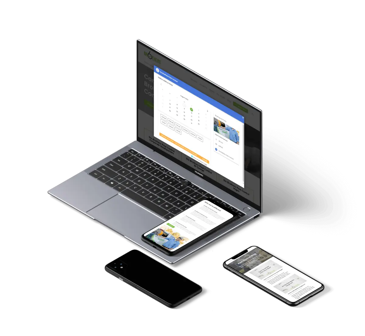 A laptop, a smartphone, and a tablet are displayed. The laptop screen shows a dashboard with charts and plans on a calendar. The devices display different interfaces, suggesting cross-platform business or productivity apps.