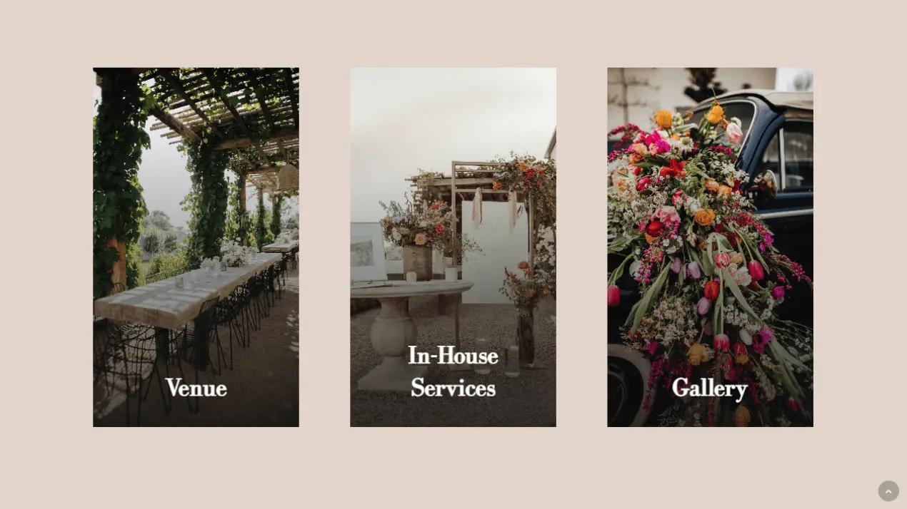 The Wild Oak Venue Portfolio 2 Three panels showcase Wild Oak Venue’s outdoor seating, elegant floral arrangements for in-house services, and a car adorned with vibrant flowers, labeled Venue, In-House Services, and Gallery.