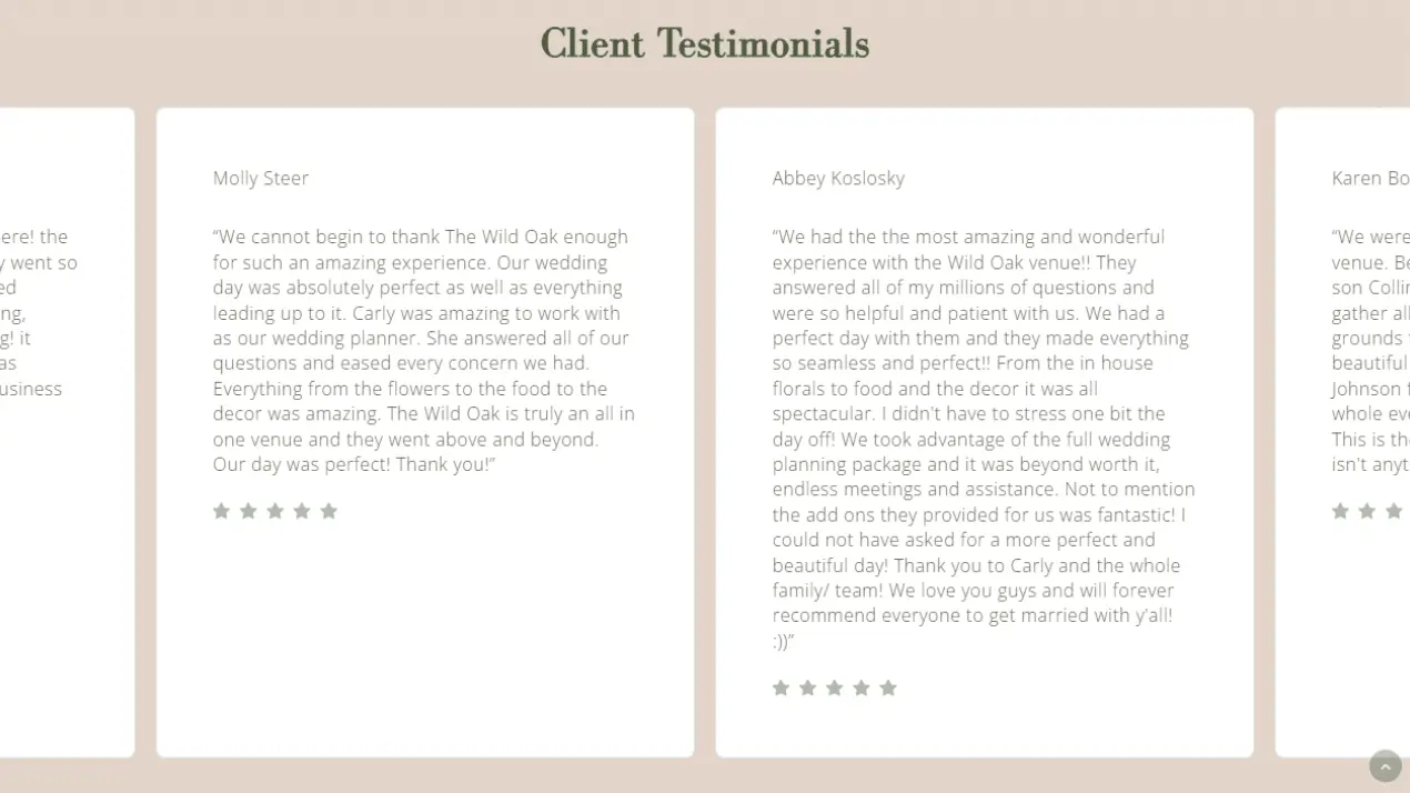 The Wild Oak Venue Portfolio 5 Screenshot of a website section titled Client Testimonials featuring five-star reviews from Molly Lester and Abbey Koslosky. Both praise Wild Oak Venue for excellent wedding planning and outstanding service.