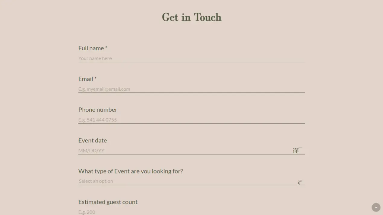 The Wild Oak Venue Portfolio 8 A contact form titled Get in Touch for Wild Oak Venue with fields for full name, email, phone number, event date, type of event, and estimated guest count on a beige background.