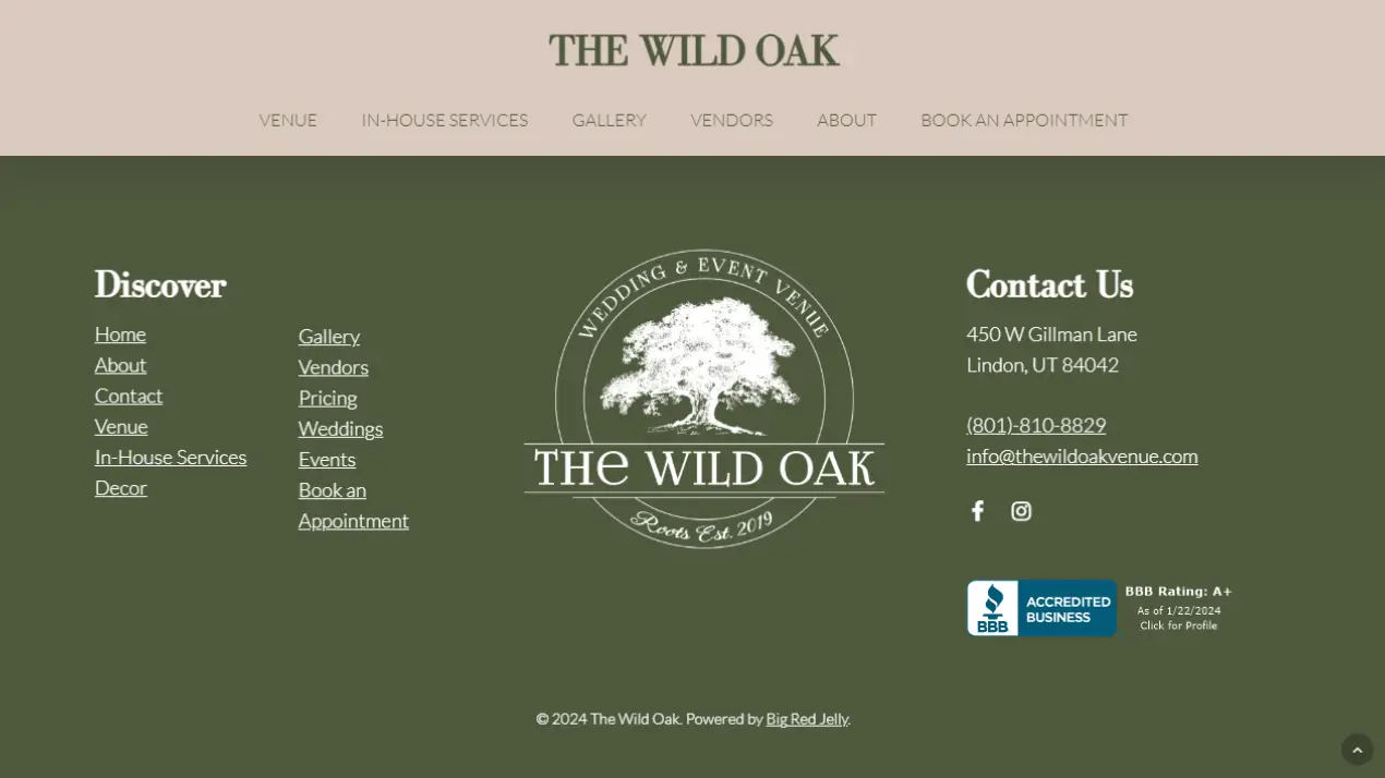 The Wild Oak Venue Portfolio 9 Screenshot of The Wild Oak Venue’s website footer, featuring navigation links, contact details for their Lindon, Utah location, a large tree logo, and a BBB Accredited Business badge displayed on a green background.