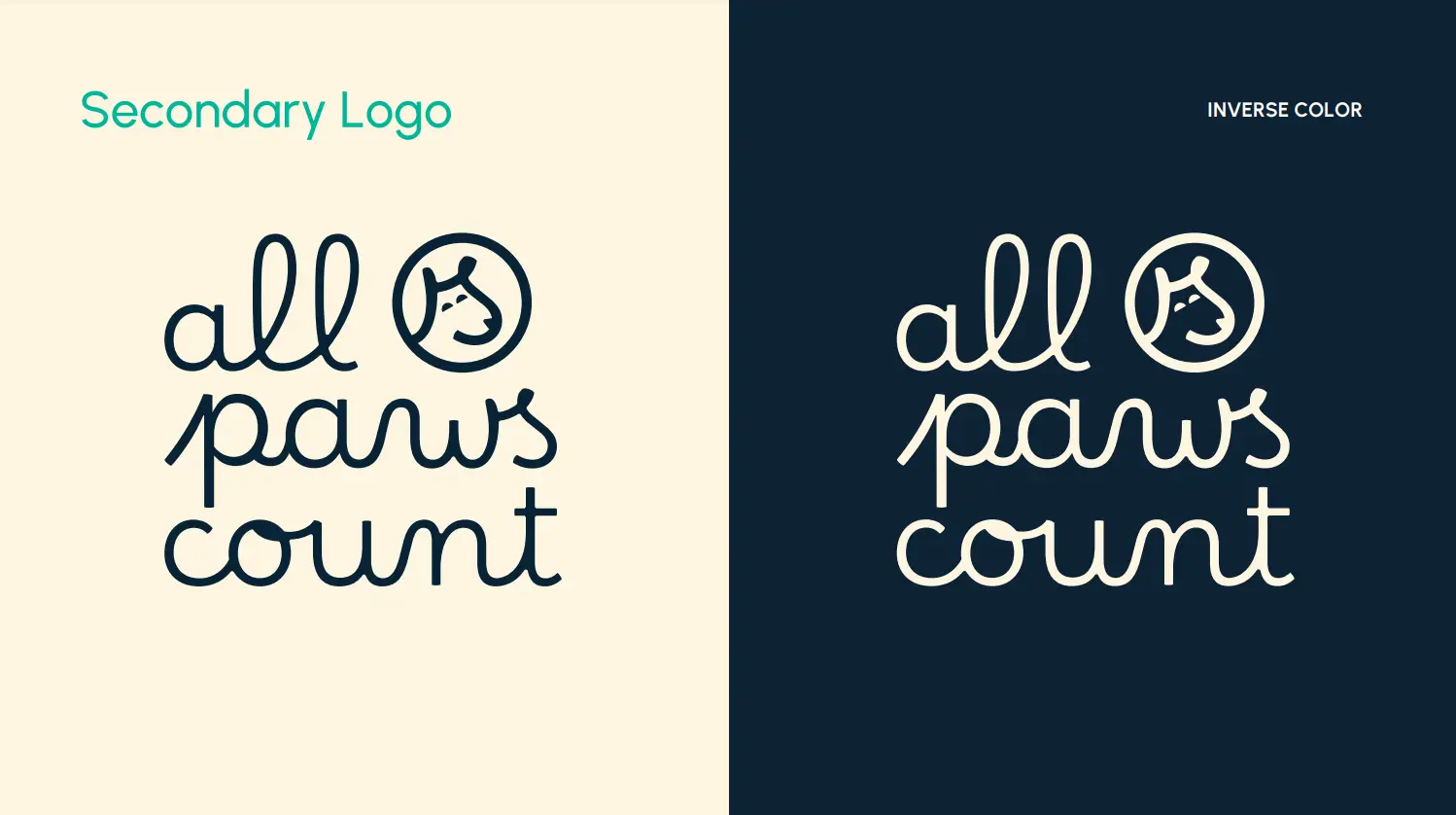 All-Paws-Count-Portfolio-5 Two versions of the all paws count logo in cursive. The left version is black text on a cream background with a turquoise label and dog face icon in the a. The right is white text on a dark blue background, labeled INVERSE COLOR.