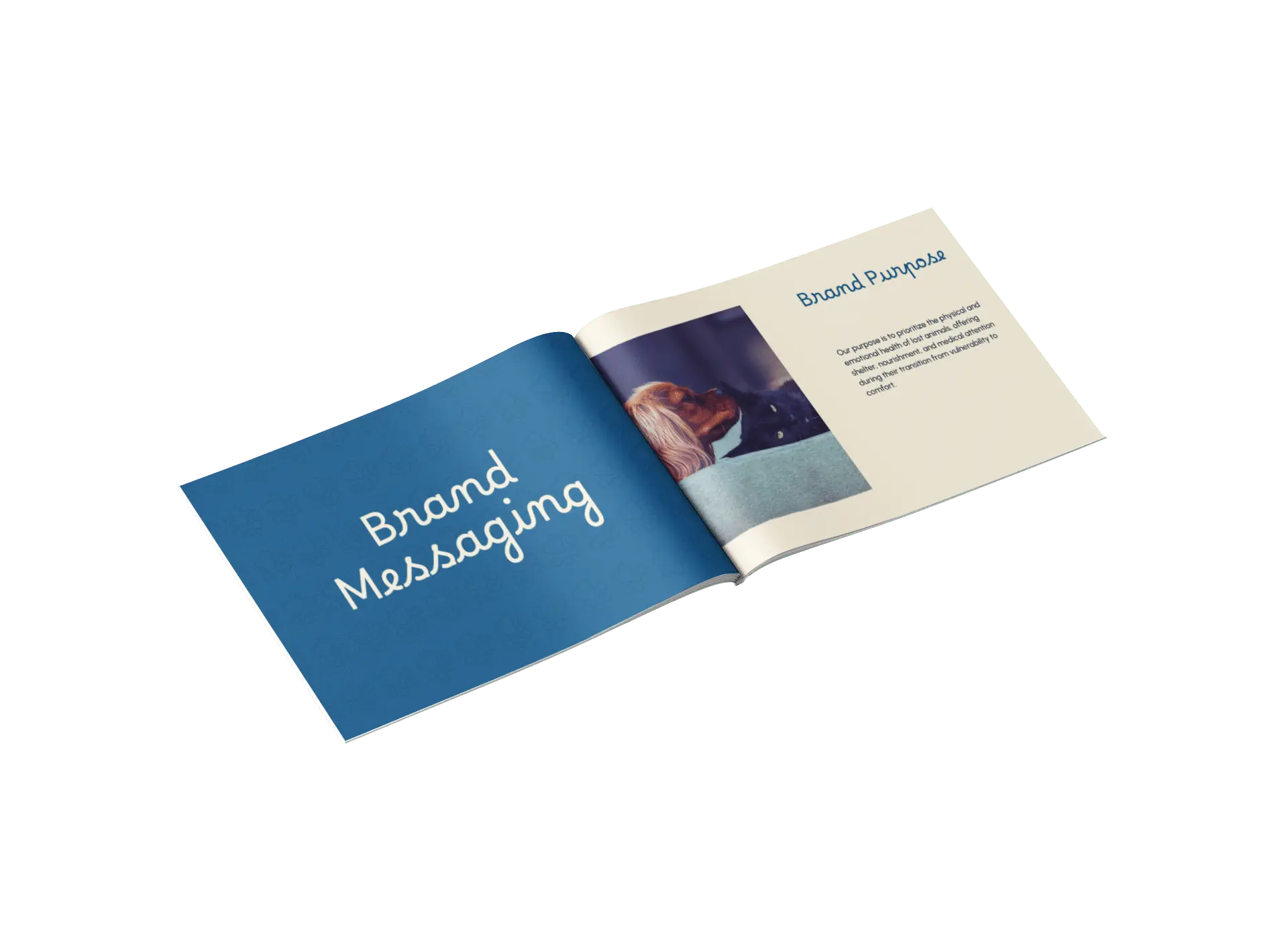 An open booklet showing two pages; the left page reads Brand Messaging in white script on a blue background, while the right page features a photo of a woman with a dog and text titled Brand Purpose.