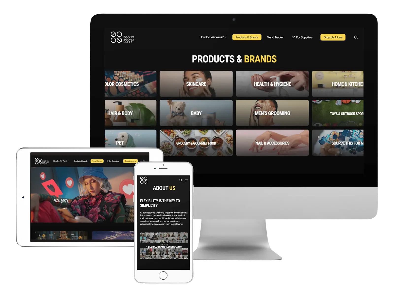 A computer monitor, tablet, and smartphone display a website featuring categories like color cosmetics, skincare, health, hygiene, and more, with navigation options visible at the top of each device.