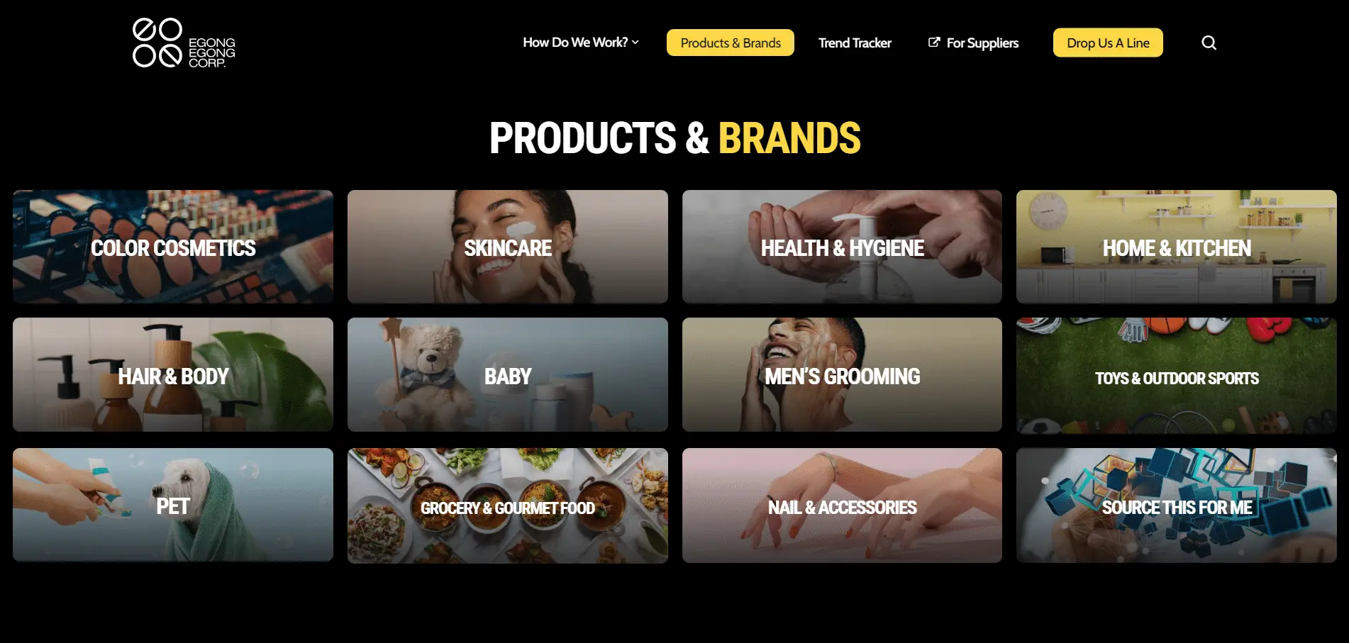 Egongegong-Portfolio-2 Grid of 12 product categories on a website, including color cosmetics, skincare, health & hygiene, home & kitchen, hair & body, baby, men’s grooming, toys & sports, pet, food, nail accessories, and tech.