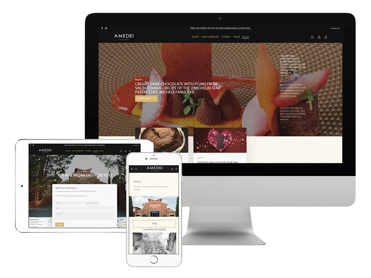 A desktop computer, tablet, and smartphone display the Amedei website, featuring images of chocolate desserts and sections for shopping, company info, and blog content.