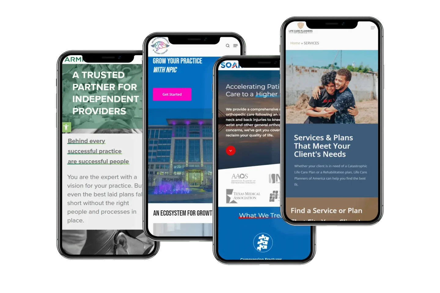 Four smartphones display different healthcare-related website pages, each with distinct text, images, and colors, showcasing services for independent providers, practice growth, patient care, and client service plans.