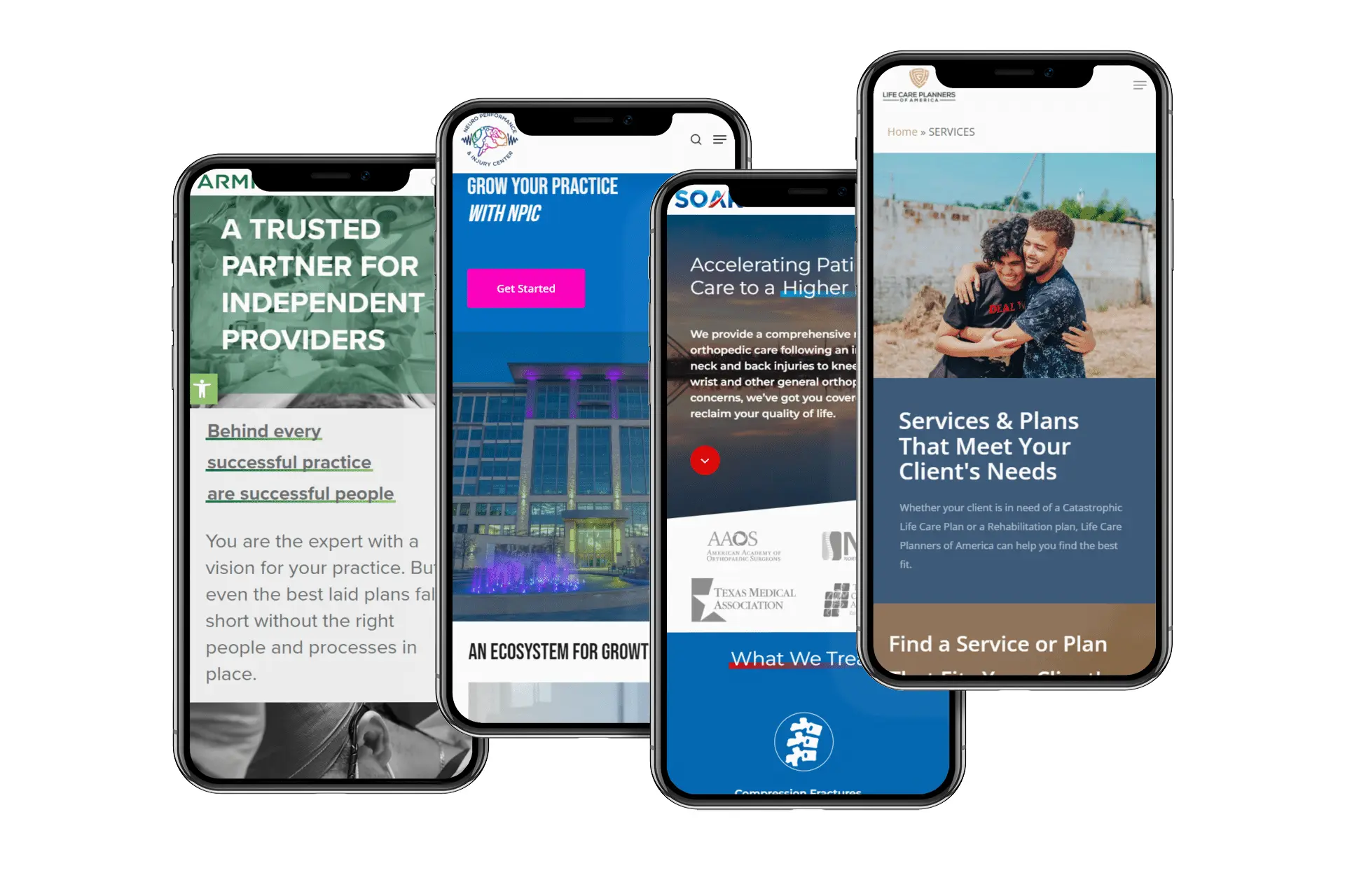 Four smartphones display different healthcare-related websites, each featuring text, images, and navigation menus focused on medical services, professional growth, and patient care resources. The phones are arranged side by side on a white background.
