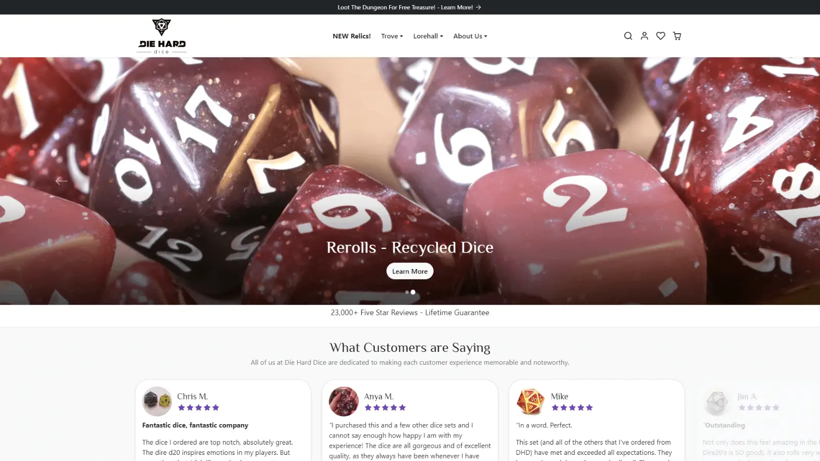 Die Hard Dice Portfolio Slider 1 A close-up of maroon and white polyhedral dice is featured at the top of a website advertising Rerolls – Recycled Dice. Below, customer reviews with star ratings and profile images are displayed.