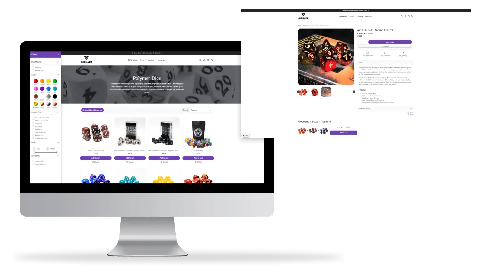 A computer monitor displays a website selling polyhedral dice, showing colorful dice sets for sale. Another browser window displays detailed information about a selected dice set.