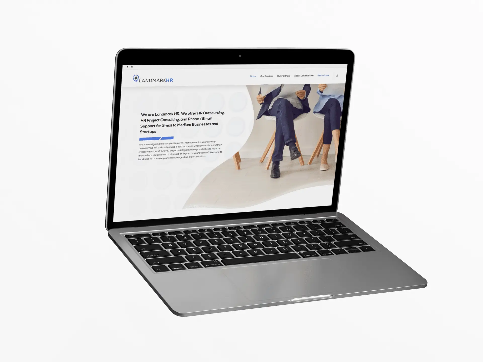 A laptop displaying a website for LandmarHR, featuring a homepage with text about HR & accounting help, consulting, and payroll support for startups and small businesses. Two people sitting on chairs are partially visible on the screen.