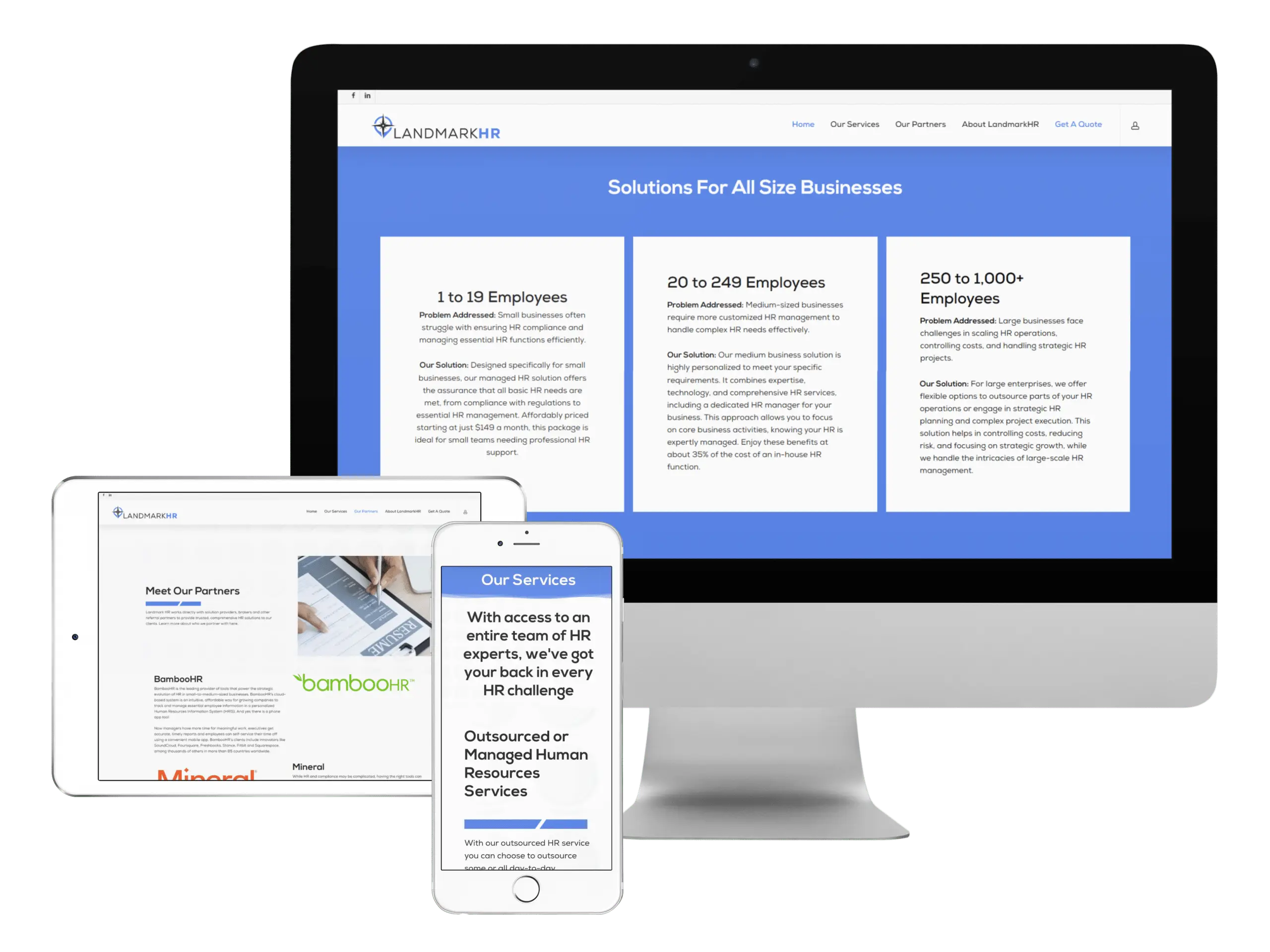 A desktop monitor, tablet, and smartphone display a blue and white HR solutions website called LandmarkHR, showing services for businesses of different sizes and partner information.