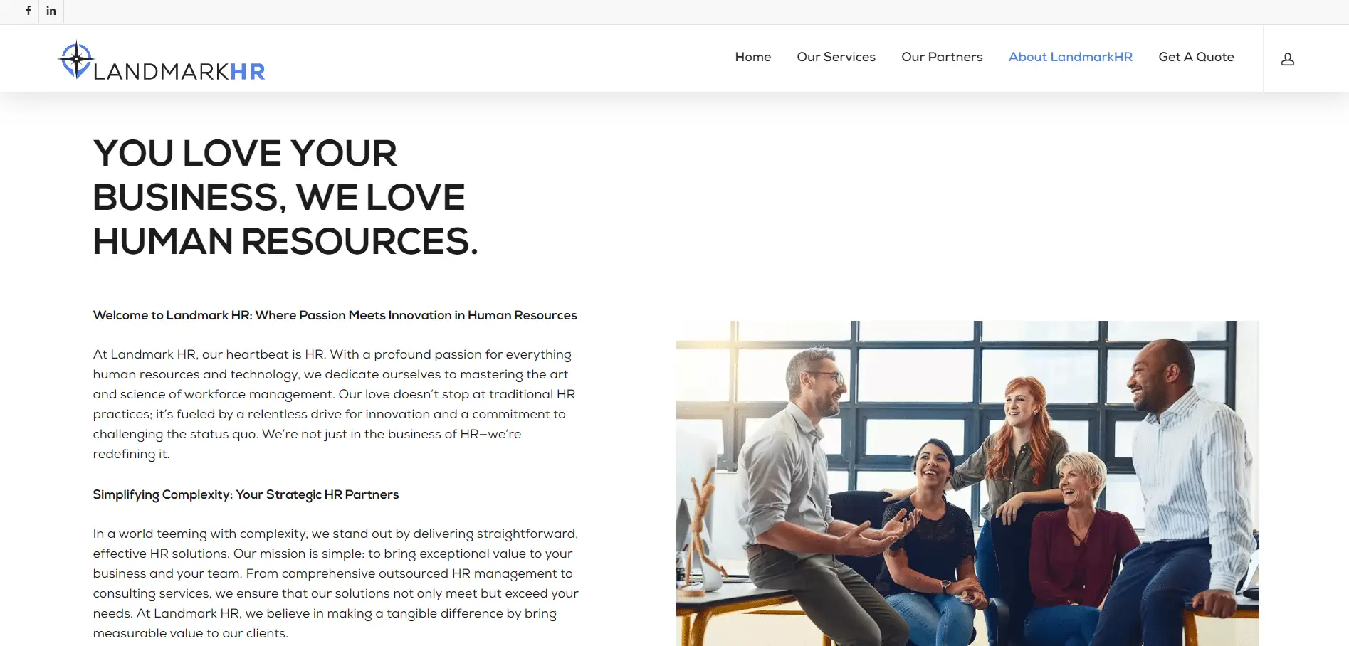 Landmark-HR-Portfolio-4 A group of five diverse professionals sit and stand in a bright office, smiling and talking together. The text on the left introduces Landmark HR and its approach to human resources for businesses.