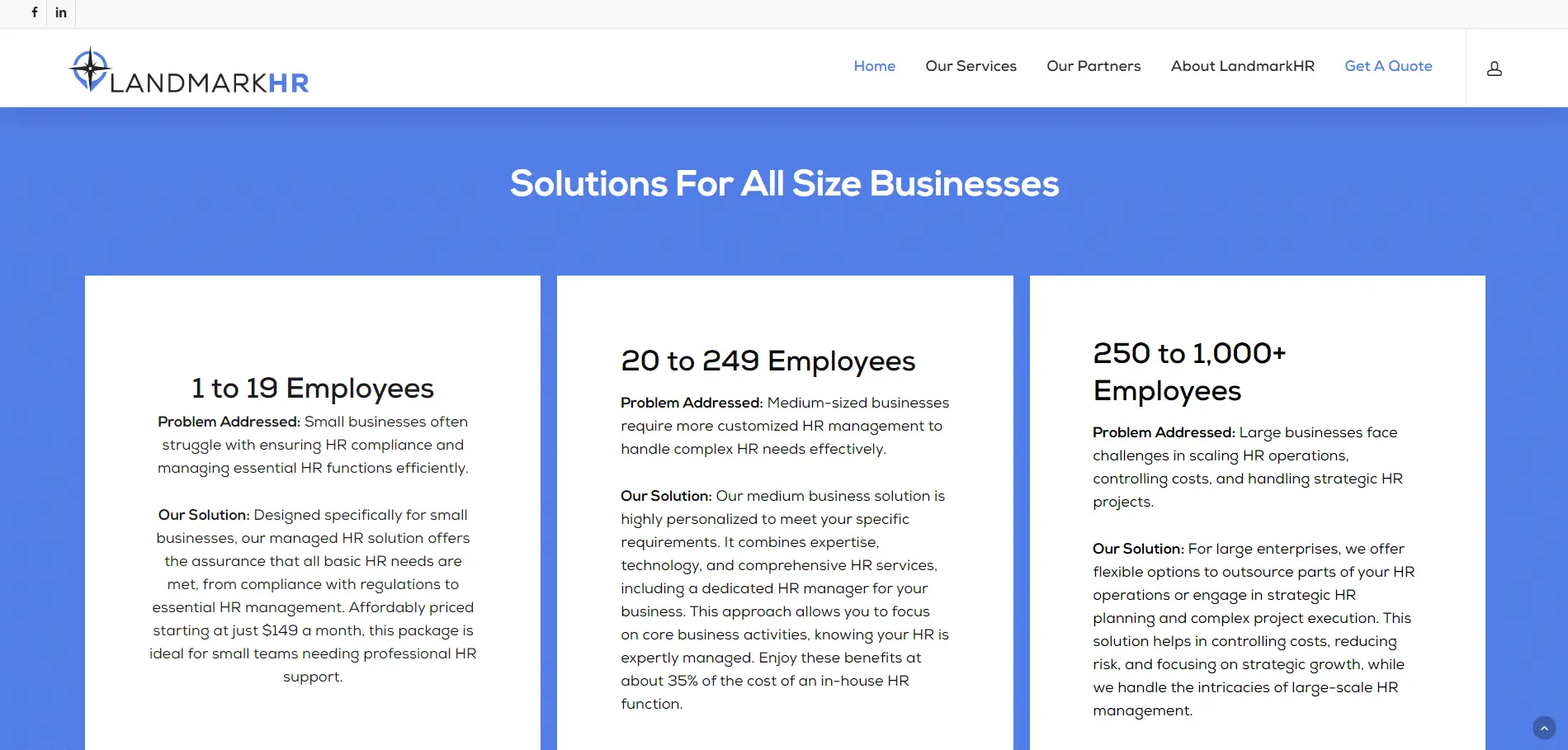 Landmark-HR-Portfolio-5 Screenshot of LandmarkHR’s website showing three business solutions: for 1–19 employees, 20–249 employees, and 250–1,000+ employees. Each section lists Problem Addressed and Our Solution details.
