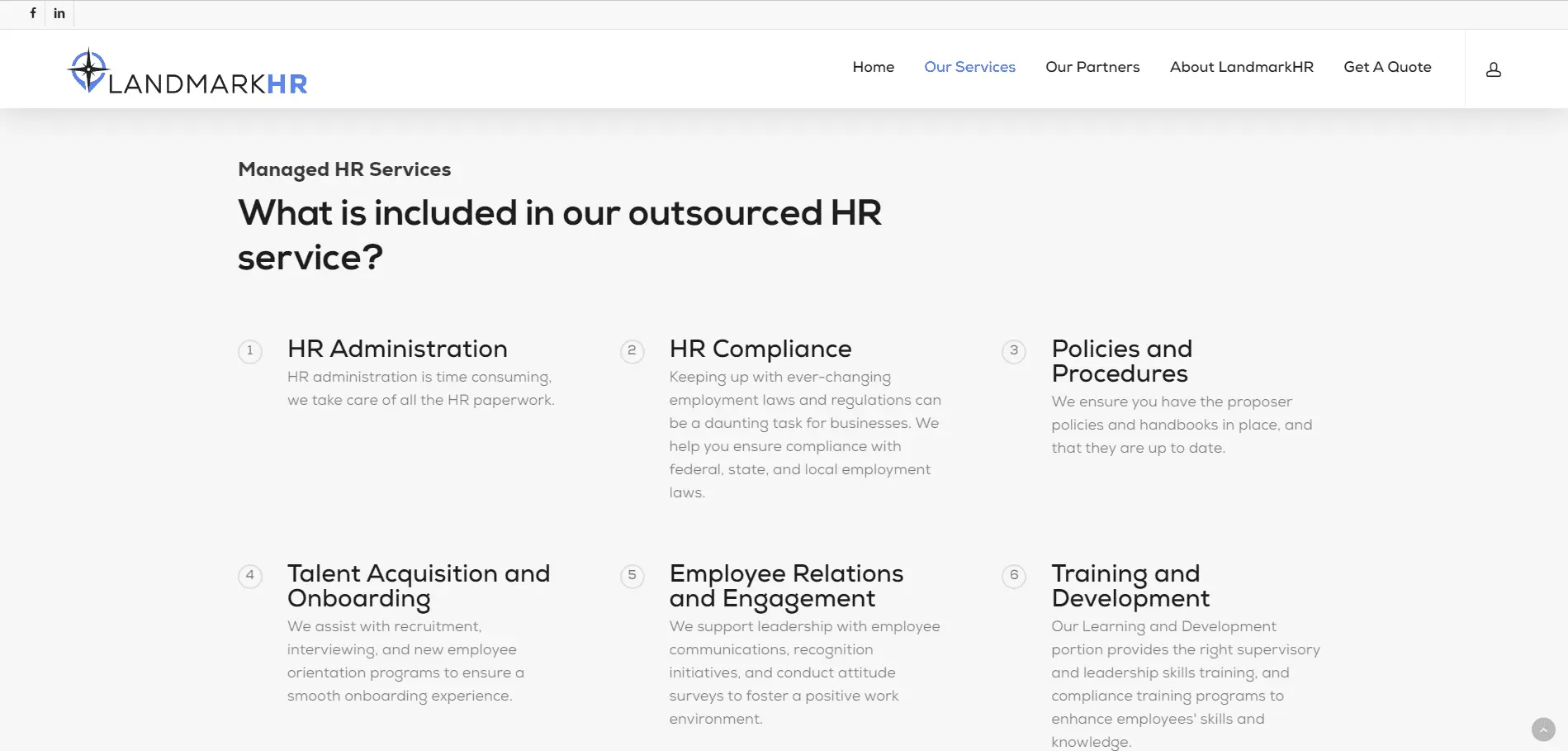 Landmark-HR-Portfolio-7 A website page for LandmarkHR displays outsourced HR services, including administration, compliance, policies, talent acquisition, employee relations, and training, with brief descriptions under each service.