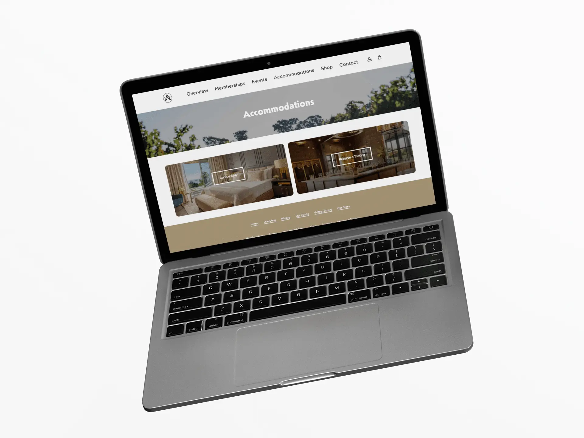 A laptop displaying a website’s “Accommodations” page, featuring images of two different rooms with beds and modern decor, against a white background.