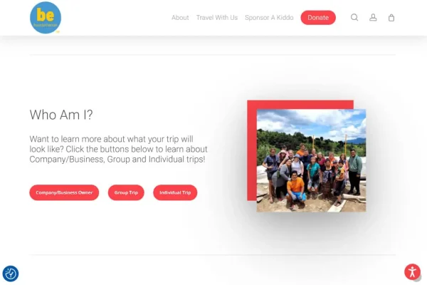 BeHumanitarian - Final 5 A website page titled Who Am I? features a group photo of people outdoors, with blue sky and greenery in the background. Three red buttons labeled Company/Business Owner, Group Trip, and Individual Trip are below the text.