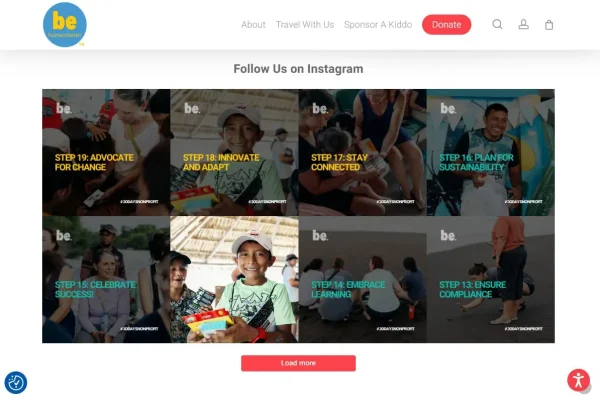 BeHumanitarian - Final 6 A website page displays Instagram posts in a 3x3 grid, each post showing smiling people and labeled with steps like Advocate for Change, Innovate and Adapt, and Celebrate Success. A red Load more button is below.