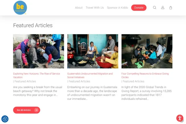 BeHumanitarian - Final 7 Screenshot of a website’s Featured Articles section with three article previews, each showing photos of groups of people and brief descriptions below. A red See All Articles button is beneath the previews.