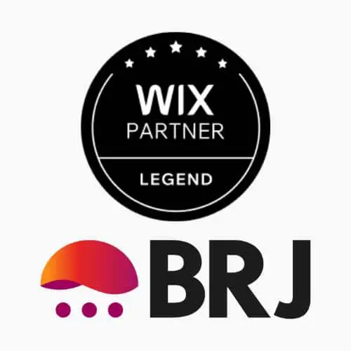 A black circular badge reads Wix Partner Legend above the logo and text BRJ, featuring a red and purple gradient shape with three magenta dots underneath.