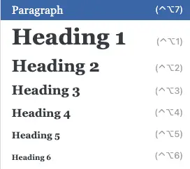 Wordpress classic editor choices of Headers and Headers. Heading 1 Heading 2Heading 3 Heading 4 Heading 5 heading 6