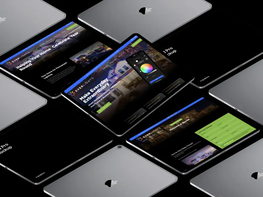 Mockup of Everlights website on multiple tablets.