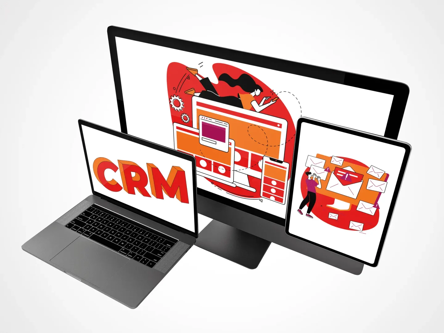 Mockup of a CRM platform displayed on three screens, including a laptop, desktop, and tablet, showcasing CRM, email management, and user interface graphics.