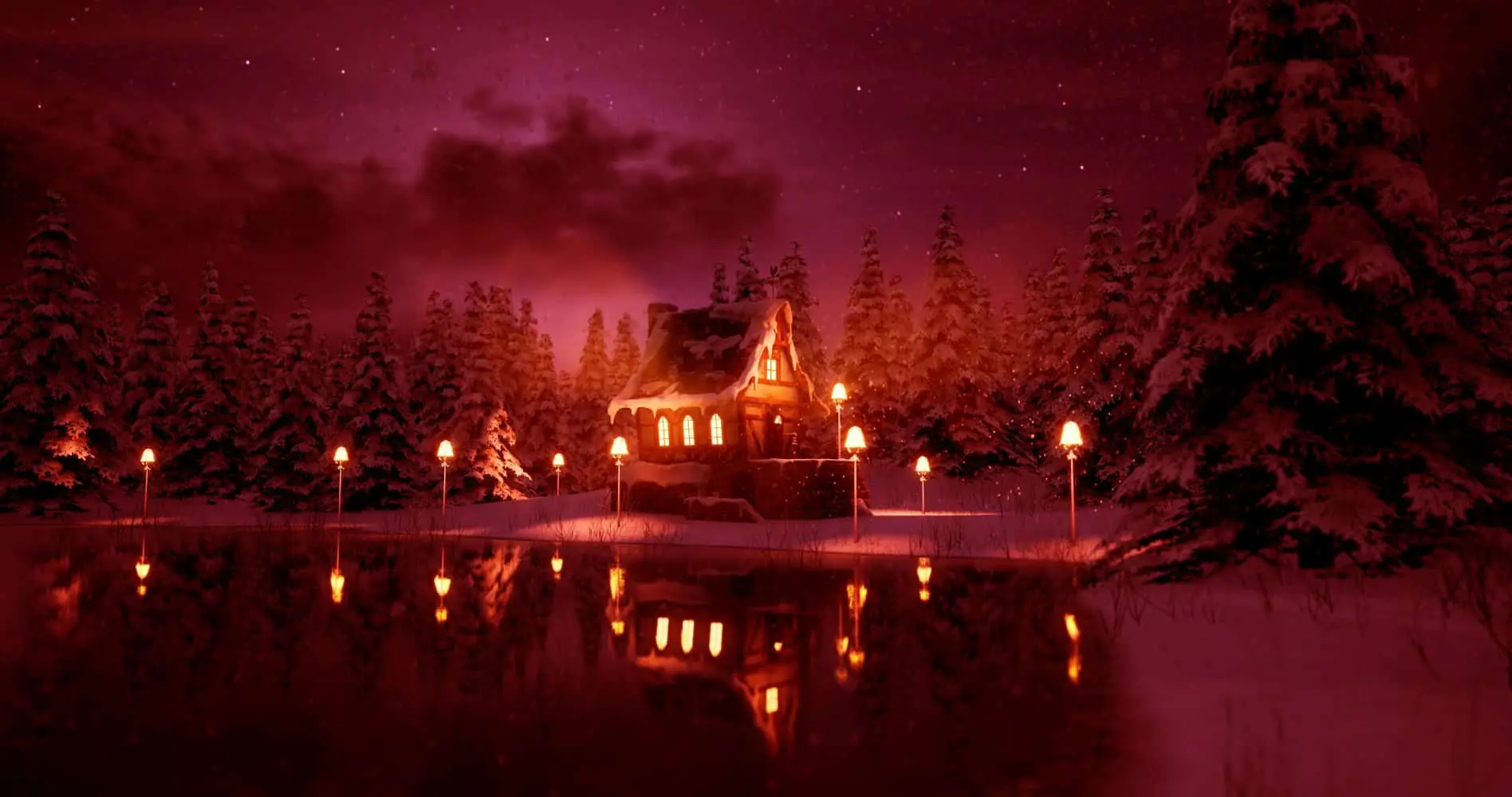A cozy house with glowing windows sits beside a frozen lake, surrounded by snow-covered trees and lit by torches. The night sky is purple, and the scene reflects peacefully on the icy water.