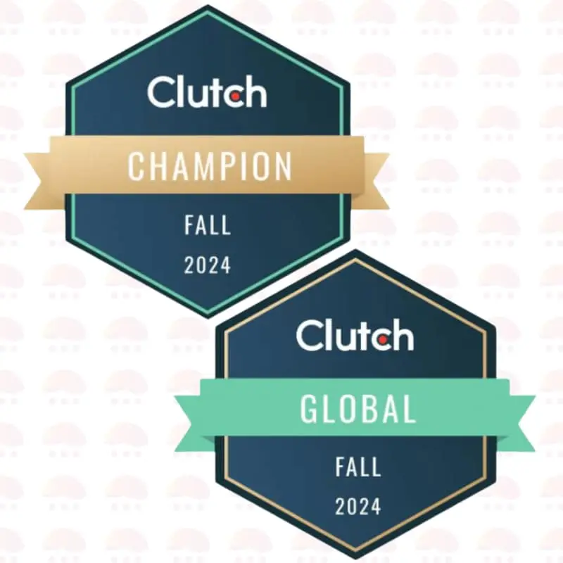 Two hexagonal badges labeled Clutch Champion Fall 2024 with a gold banner, and Clutch Global Fall 2024 with a green banner, both on a light background with faint shield icons.