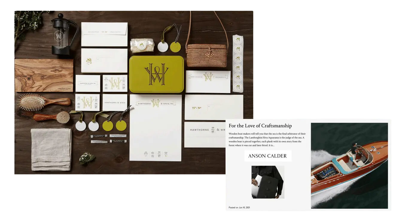 A flat lay of luxury stationery, tags, and accessories on a wooden table, with a green case displaying a gold monogram. At the bottom right, there’s a website screenshot with a boat and wallets.