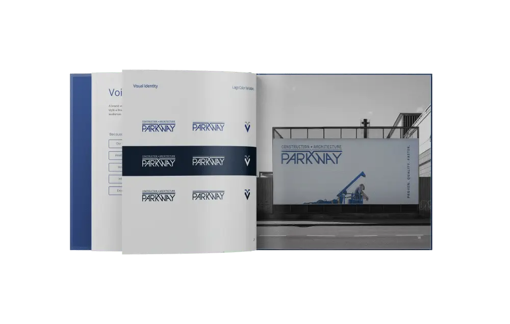 An open brand guidelines book displays a PARKWAY logo in multiple styles and a photo of a sign with the same logo on a construction site fence.