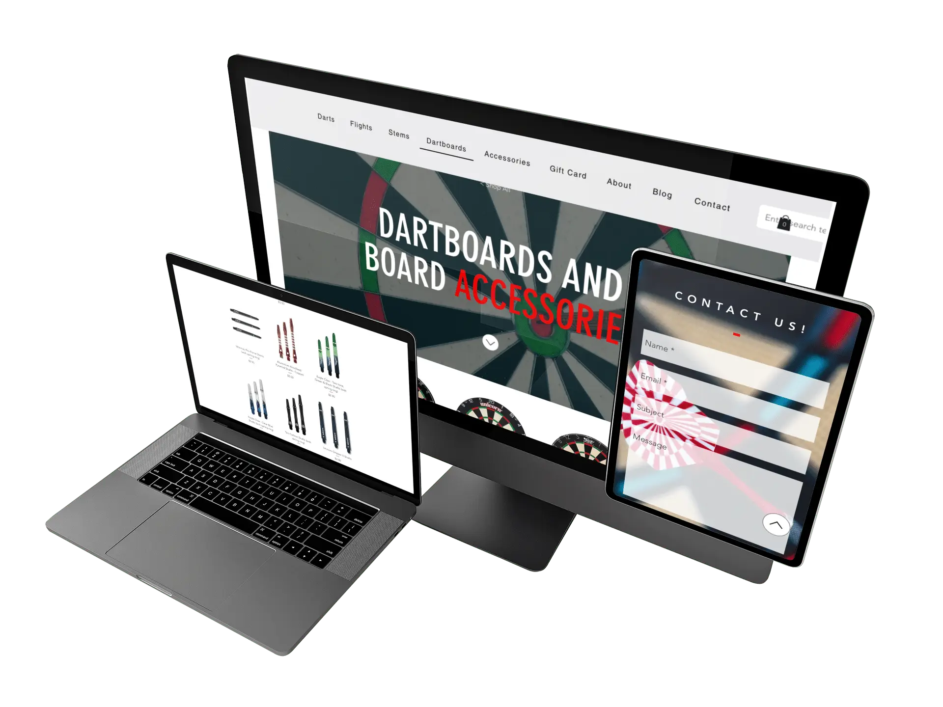 A digital mockup displaying the Bullseye Darts website on multiple devices, including a desktop monitor, a laptop, and a tablet. The desktop screen showcases the Dartboards and Board Accessories section with a bold dartboard-themed background. The laptop screen highlights a product listing page with various dart stems in different colors. The tablet screen features the Contact Us form with a clean, user-friendly interface. The design emphasizes the website’s responsive layout, ensuring a seamless shopping and browsing experience across different devices.