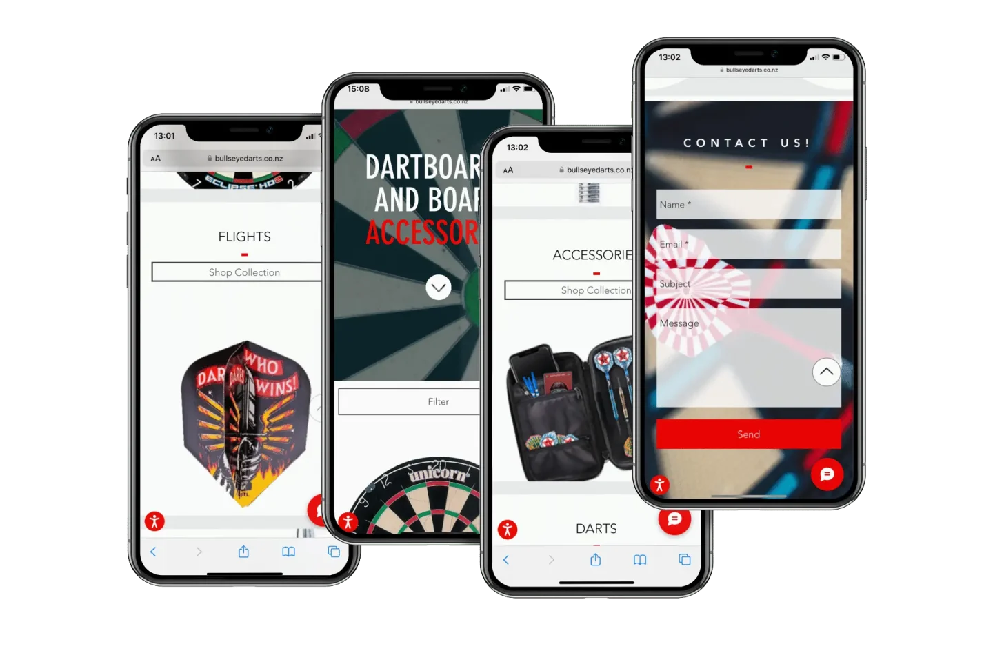 A digital mockup displaying four iPhones showcasing different mobile views of the Bullseye Darts website. The screens highlight key sections, including product categories like "Flights," "Accessories," and "Darts," as well as a "Contact Us" form. The website features a bold dartboard-themed design with a red, black, and white color scheme, clear navigation buttons, and accessibility icons. The layout ensures a seamless and user-friendly shopping experience on mobile devices.