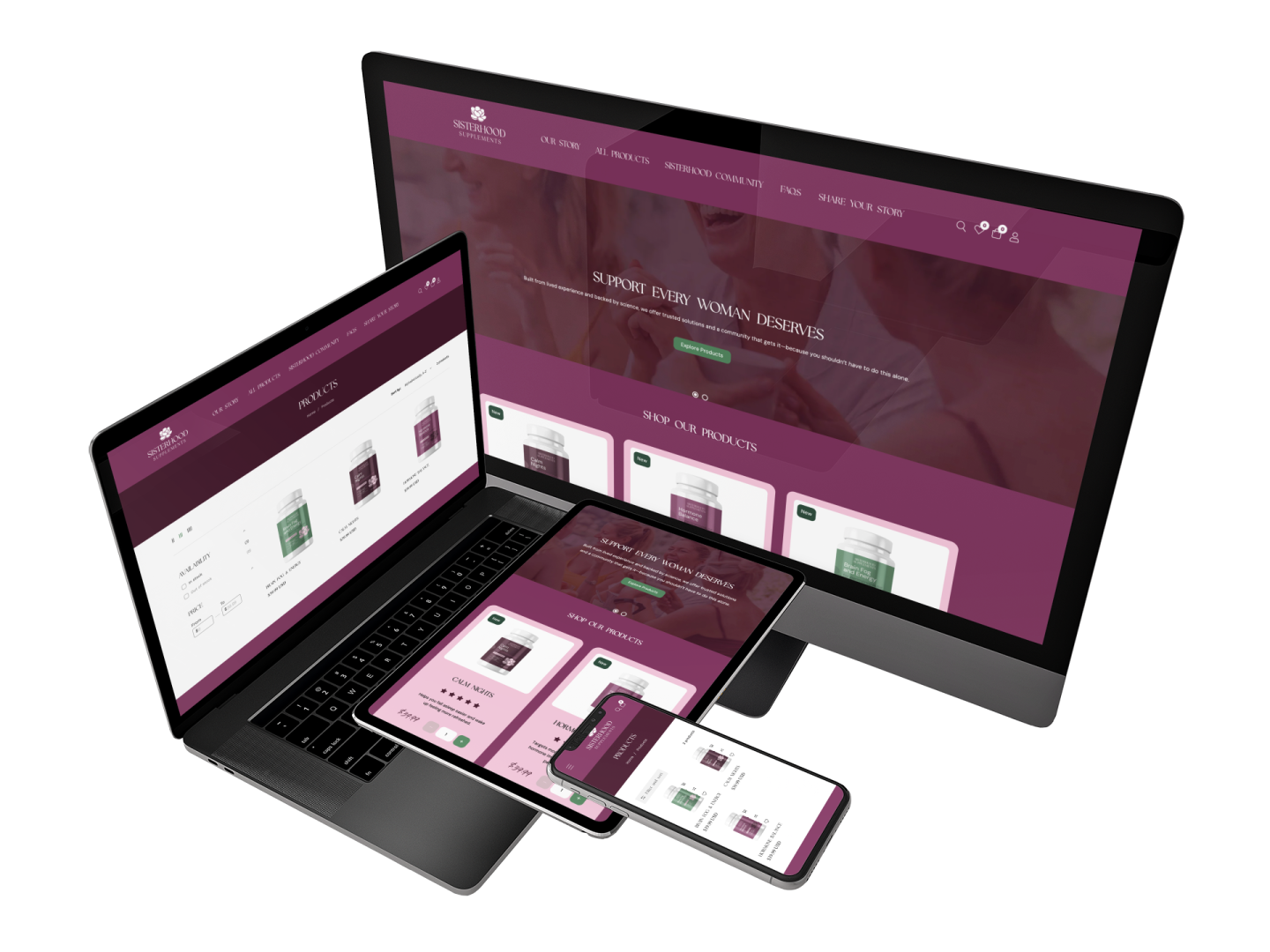 A desktop, laptop, tablet, and smartphone display the same maroon and white website with product images and the text “SUPPORT EVERY WOMAN DESERVES,” showing a responsive web design layout.