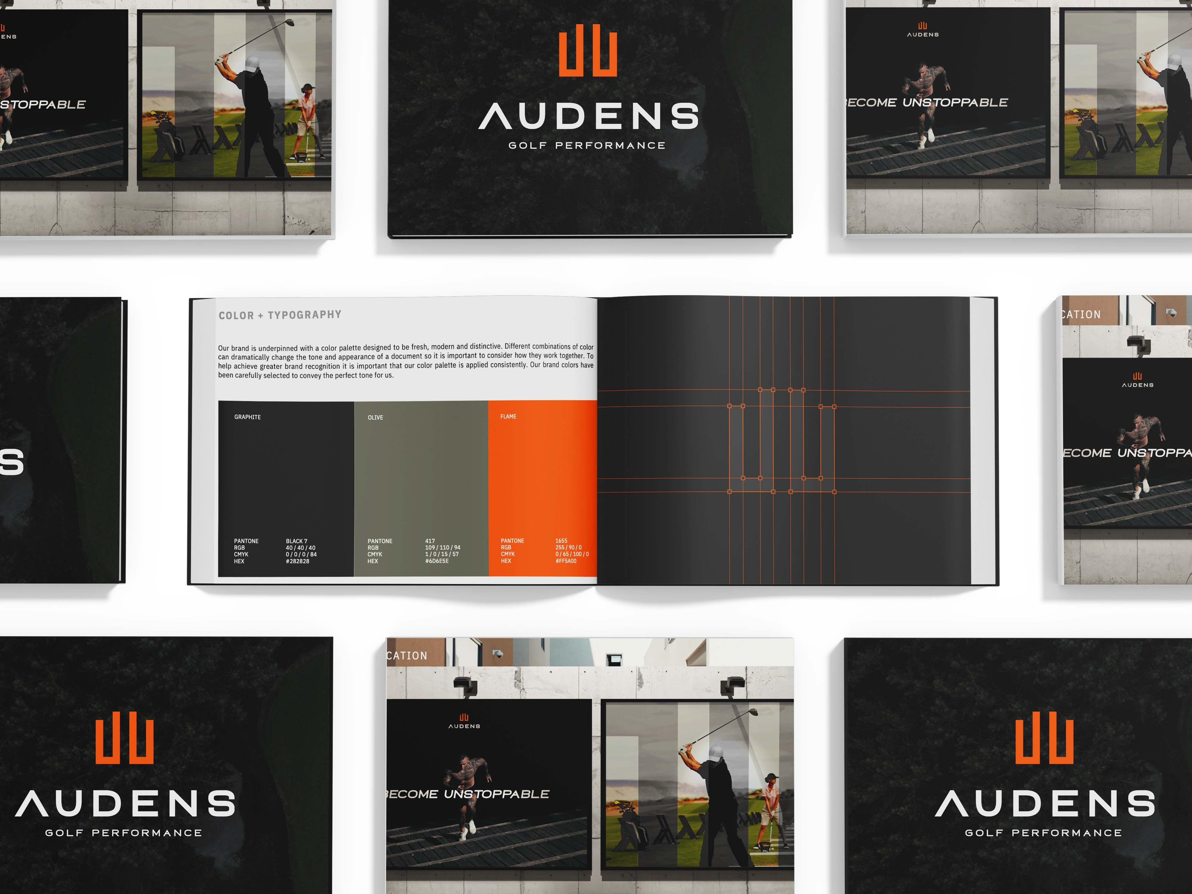 Audens Golf Performance brand guide, designed and written after a brand audit by Big Red Jelly.
