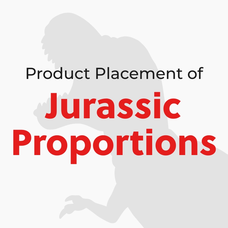 Product placement of Jurassic Proportions appears over a gray silhouette of a T. rex dinosaur on a white background.