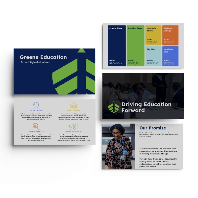Greene Education's brand guide, complete with brand messaging, designed after a brand audit by Big Red Jelly.
