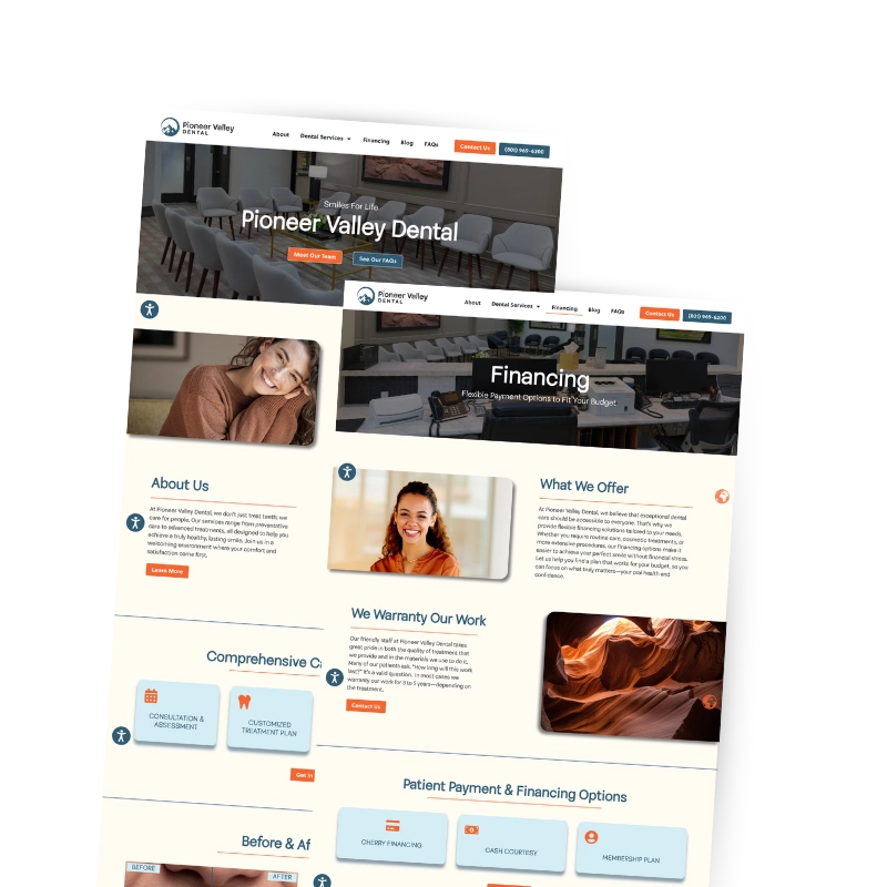 Pioneer Valley Dental's website pages, designed by Big Red Jelly.