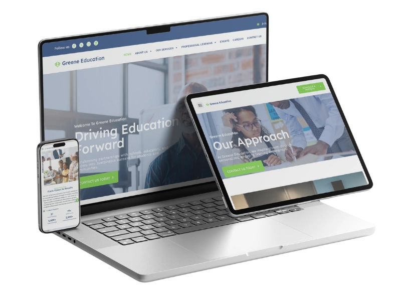 Greene Education's website shown across multiple devices.