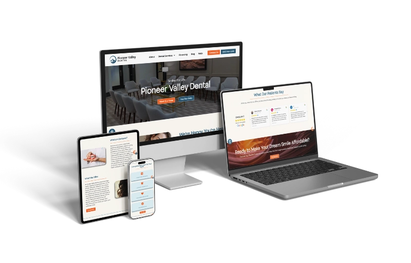 A desktop computer, laptop, tablet, and smartphone display the Pioneer Valley Dental website featuring the Pioneer Valley Dental logo, appointment options, patient reviews, and a full list of dental services.
