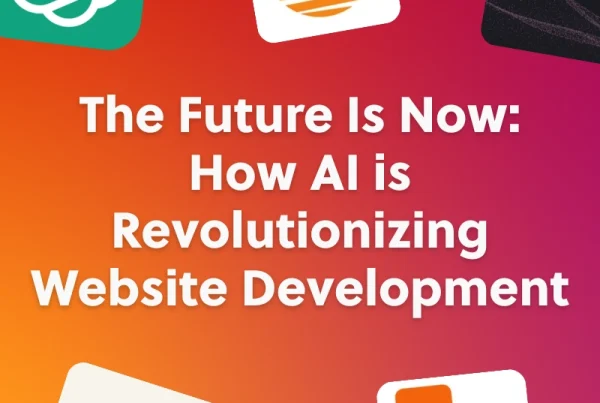 Gradient background with logos of various apps and AI tools, featuring bold white text that reads, The Future Is Now: How AI is Revolutionizing Website Development.