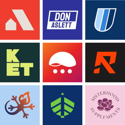 A 3x3 grid of colorful logos, each square featuring a unique design, including abstract shapes, text, a shield, a gecko, a leaf, and a flower labeled Sisterhood Supplements.