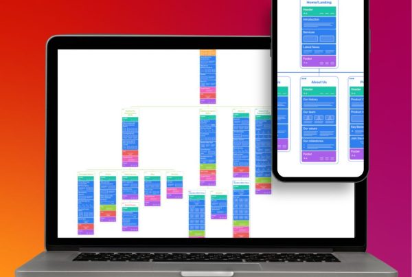 A laptop displays a colorful flowchart; a smartphone floats nearby, showing a similar interface. Both screens feature organized blocks on a gradient red-to-purple background.