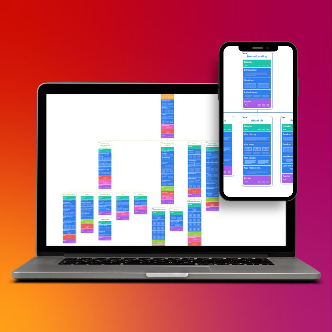 A laptop displays a colorful flowchart; a smartphone floats nearby, showing a similar interface. Both screens feature organized blocks on a gradient red-to-purple background.