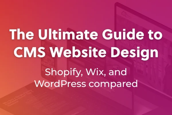 Text reading The Ultimate Guide to CMS Website Design: Shopify, Wix, and WordPress compared over a gradient background with blurred images of a computer, tablet, and smartphone underneath.